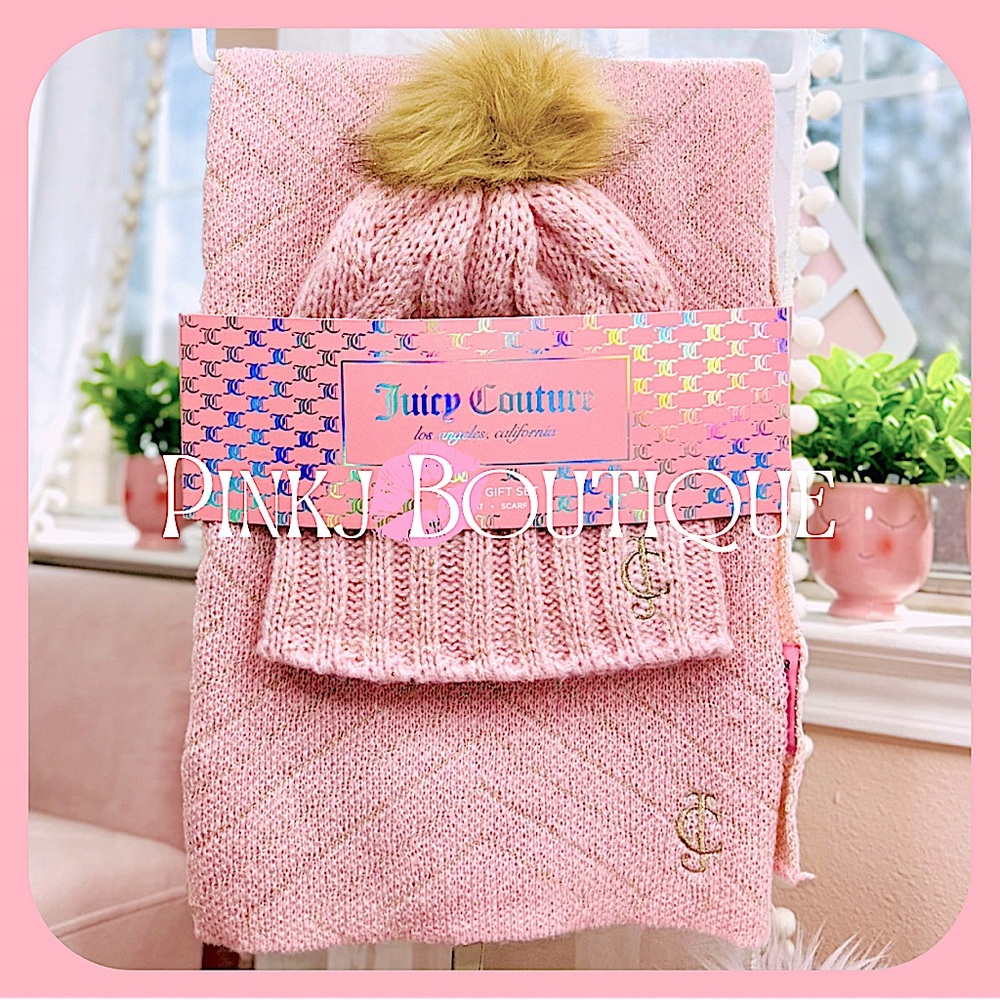 💗🎀 2pc {Juicy Couture} Lovely Pink Signature Pom Beanie Knit Hat+Scarf Set!